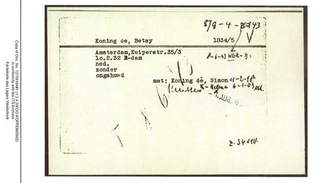 Inventaris kaart Kamp Westerbork van Betsy de Koning geboren 10-02-1932 op transport naar Sobibor op 08-06-1943