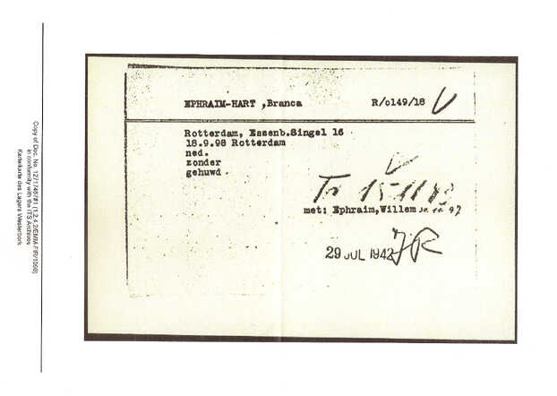 Inventaris kaart Kamp Westerbork van Branca Hart geboren 18-9-1898 op transport  naar Auschwitz op 15-11-1943
