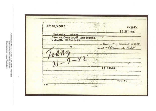 Inventaris kaart Kamp Westerbork van Clara Ephraim geboren 09-06-1928 op transport naar Auschwitz-Birkenau op 21-09-1942