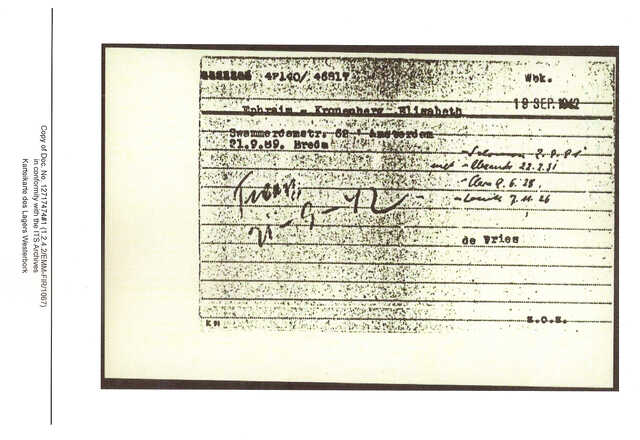 Inventaris kaart Kamp Westerbork van Elisabeth Kronenberg geboren 21-09-1889 op transport naar Auschwitz-Birkenau op 21-09-1942