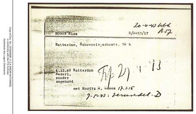 Inventaris kaart Kamp Westerbork van Elza Moses geboren 04-12-1940 op transport naar Sobibor op 27-04-1943