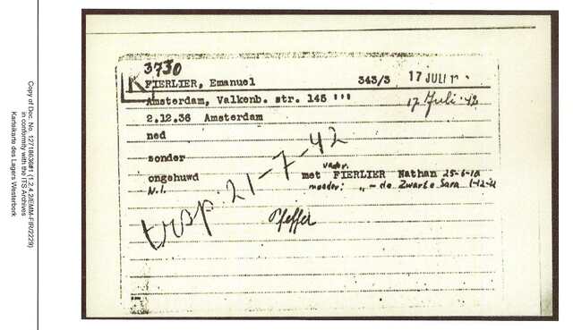 Inventaris kaart Kamp Westerbork van Emanuel Fierlier geboren 02-12-1936 op transport naar Auschwitz op 21-07-1942