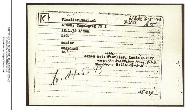 Inventaris kaart Kamp Westerbork van Emanuel Fierlier geboren 12-01-1932 op transport naar Sobibor op 11-05-1943