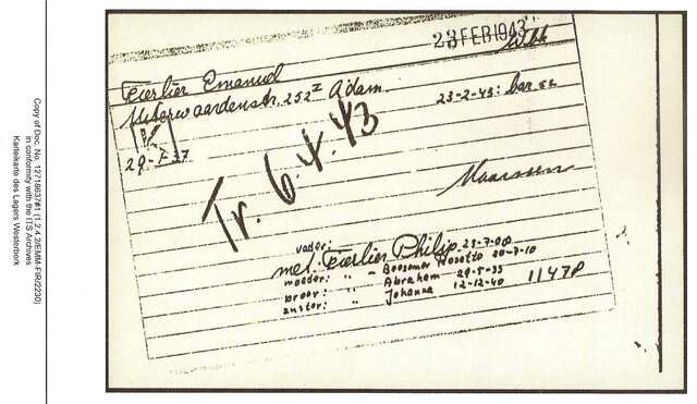 Inventaris kaart Kamp Westerbork van Emanuel Fierlier geboren 29-01-1937 op transport naar Sobibor op 06-04-1943