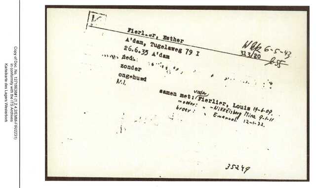 Inventaris kaart Kamp Westerbork van Esther Fierlier geboren 26-06-1935 op transport naar Sobibor op 11-05-1943
