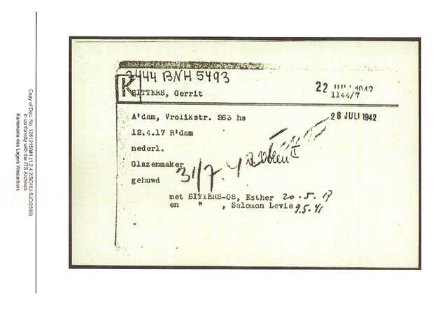 Inventaris kaart Kamp Westerbork van Gerrit Sitters geboren 12-04-1917 op transport naar Auschwitz op 31-07-1942