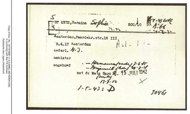 Inventaris kaart Kamp Westerbork van Hermina Sophie de Metz geboren 09-04-1917 op transport naar Sobibor op 13-04-1943