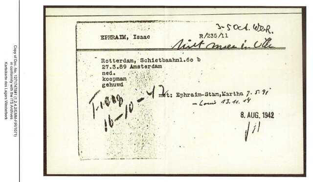 Inventaris kaart Kamp Westerbork van Isaac Ephraim geboren 27-03-1889 op transport naar Auschwitz op 16-10-1942