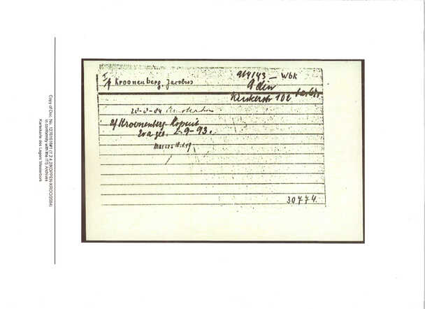 Inventaris kaart Kamp Westerbork van Jacobus Kroonenberg  geboren 28-08-1884 op transport naar Sobibor op 18-05-1943