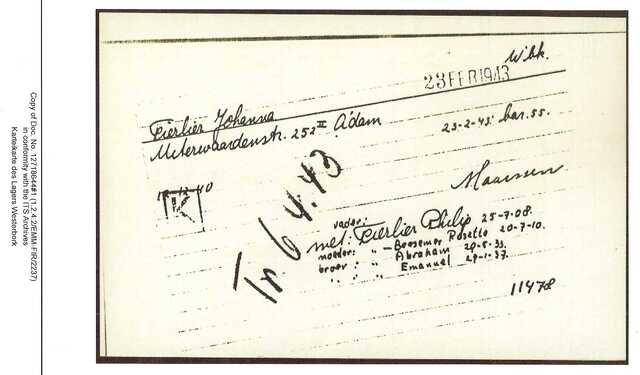 Inventaris kaart Kamp Westerbork van Johanna Fierlier geboren 12-12-1940 op transport naar Sobibor op 06-04-1943