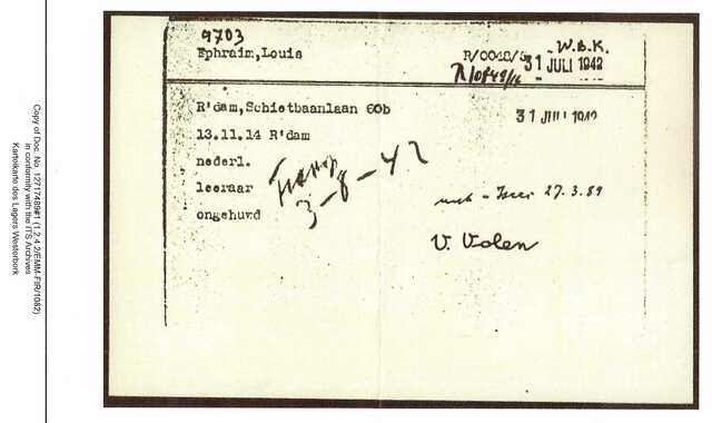 Inventaris kaart Kamp Westerbork van Louis Ephraim geboren 13-11-1914 op transport naar Auschwitz op 03-08-1942