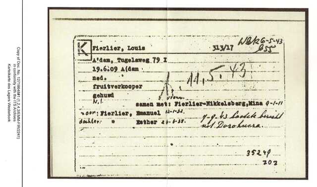 Inventaris kaart Kamp Westerbork van Louis Fierlier geboren 19-06-1909 op transport naar Sobibor op 11-05-1943