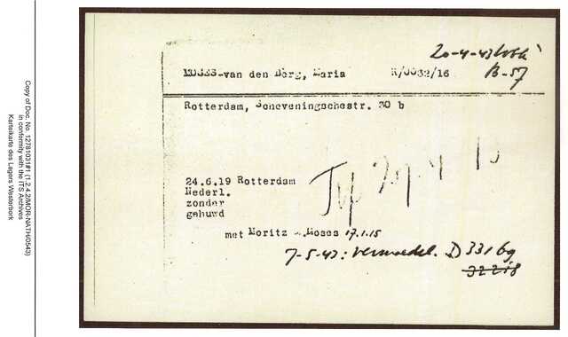Inventaris kaart Kamp Westerbork van Maria Moses-van den Berg geboren 24-06-1919 op transport naar Sobibor op 27-04-1943