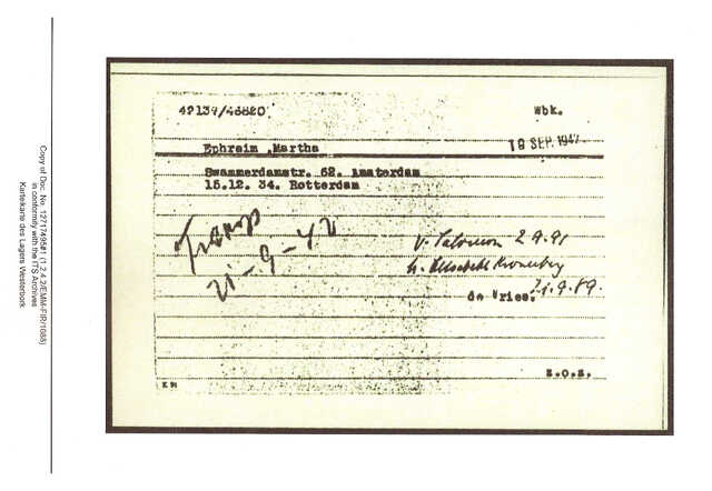 Inventaris kaart Kamp Westerbork van Martha Ephraim geboren 15-12-1934 op transport naar Auschwitz-Birkenau op 21-09-1942