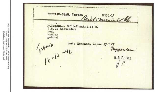 Inventaris kaart Kamp Westerbork van Martha van der Stam geboren 07-05-1891 op transport naar Auschwitz op 16-10-1942