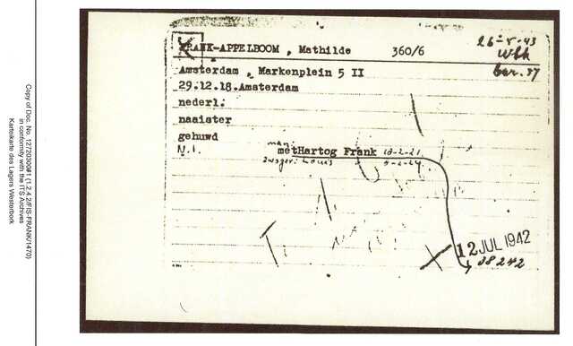 Inventaris kaart Kamp Westerbork van Mathilde Appelboom geboren 29-12-1918 op transport naar Sobibor op 01-06-1943