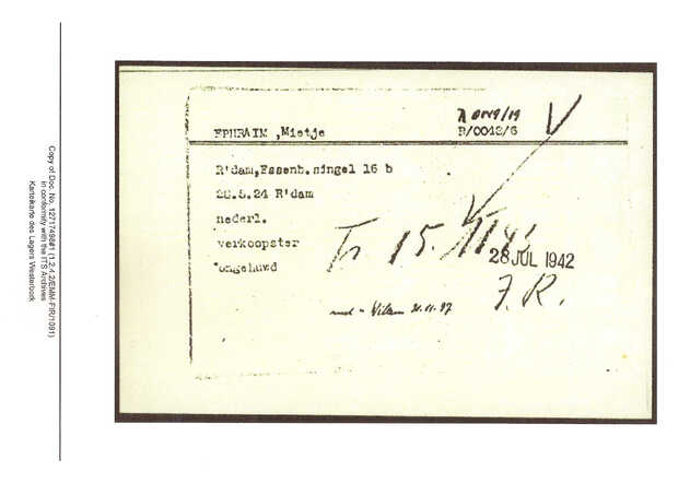Inventaris kaart Kamp Westerbork van Mietje Ephraim geboren 28-5-1924 op transport  naar Auschwitz op 15-11-1943