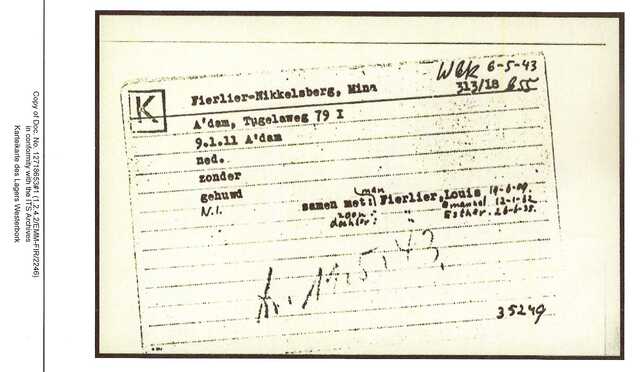 Inventaris kaart Kamp Westerbork van Mina Fierlier-Nikkelsberg geboren 09-01-1911 op transport naar Sobibor op 11-05-1943