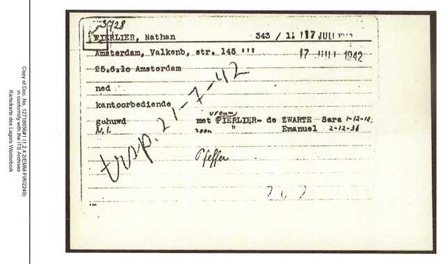 Inventaris kaart Kamp Westerbork van Nathan Fierlier geboren 25-06-1910 op transport naar Auschwitz op 21-07-1942