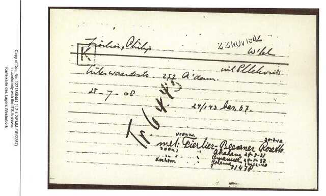 Inventaris kaart Kamp Westerbork van Philip Fierlier geboren 25-07-1908 op transport naar Sobibor op 06-04-1943