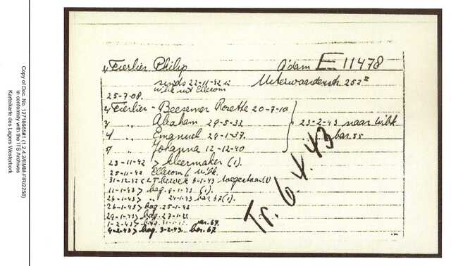 Inventaris kaart Kamp Westerbork van Philip Fierlier geboren 25-07-1908 op transport naar Sobibor op 06-04-1943