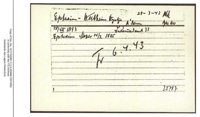 Inventaris kaart Kamp Westerbork van Reintje Wertheim geboren 28-12-1893 op transport naar Sobibor op 06-04-1943