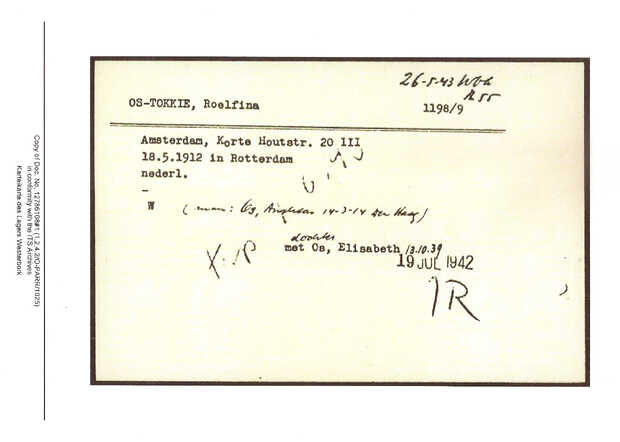 Inventaris kaart Kamp Westerbork van Roelfina Tokkie geboren 18-05-1912 op transport naar Sobibor op 01-06-1943