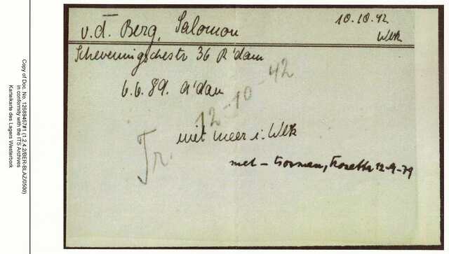 Inventaris kaart Kamp Westerbork van Salomon van den Berg geboren 06-06-1889 op transport naar Auschwitz op 12-10-1942