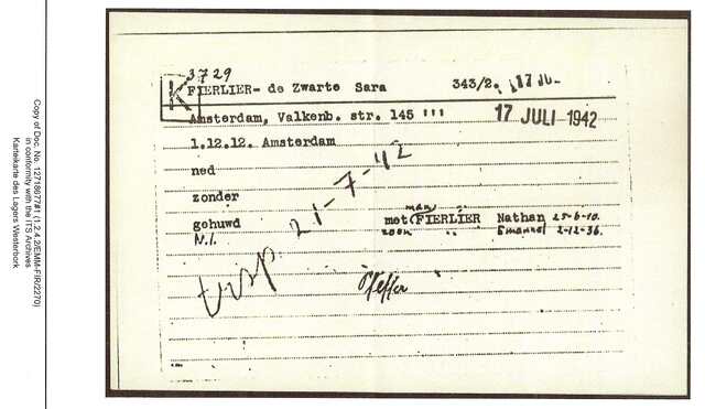 Inventaris kaart Kamp Westerbork van Sara Fierlier-de Zwart geboren 01-12-1912 op transport naar Auschwitz op 21-07-1942