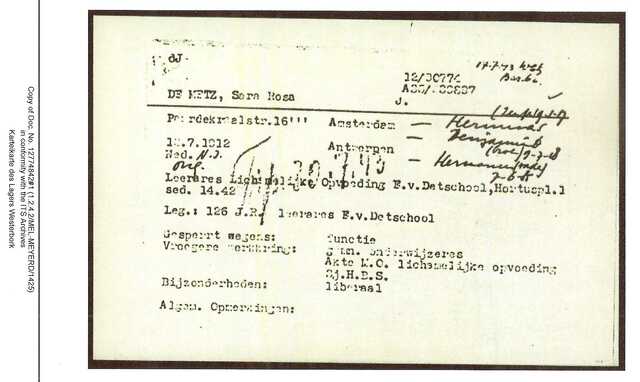Inventaris kaart Kamp Westerbork van Sara Rosa de Metz geboren 13-07-1912 op transport naar Sobibor op 20-07-1943