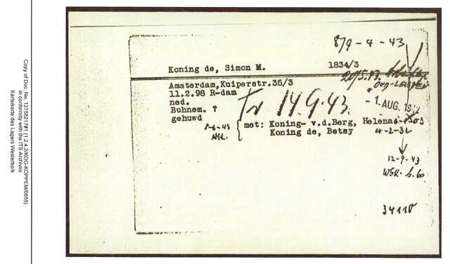 Inventaris kaart Kamp Westerbork van Simon Mozes de Koning geboren 11-02-1898 op transport naar Auschwitz op 14-09-1943