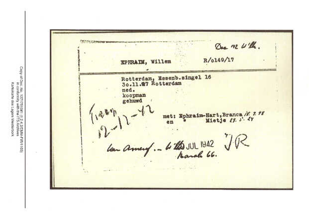 Inventaris kaart Kamp Westerbork van Willem Ephraim geboren 30-11-1897 op transport naar Auschwitz-Birkenau op 12-12-1942