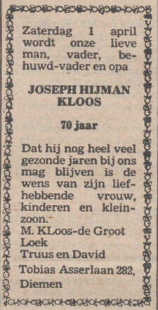 Joseph Hijman Kloos 70 jaar