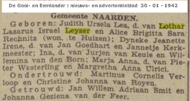 Geboren Judith Ursula Lea dochter van lothar Leyser en Alice Rechnitz