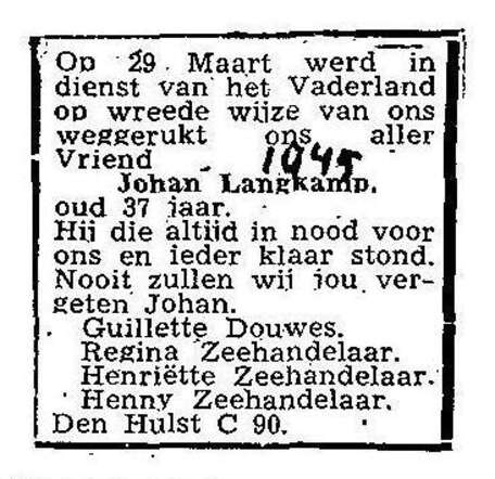 Johan Langkamp +1945 advertentie
