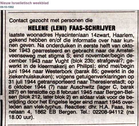 informatievraag 1992 door hun zoon Henri Arie