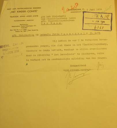 Letter 5 June 1939 overplaatsing Fritz Tannenwald naar Stichting Het Dommelhuis
