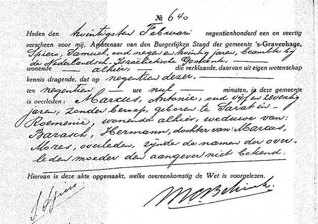 Overlijdensakte Antonie Barasch-Marcus. Bron=Gemeentearchief Den Haag
