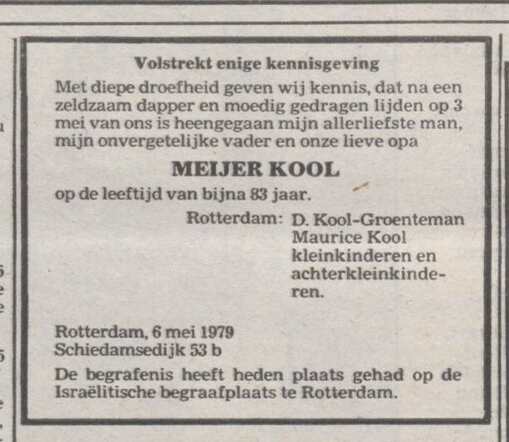 rouwadvertentie in het Nieuw Israelietisch Weekblad 11 mei 1979