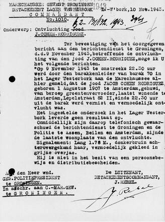 Melding van de ontvluchting uit kamp Westerbork van Jacob Cohen Rodriguez