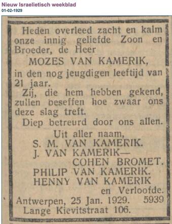 Mozes Kamerik 26 juni 1907 - 25 januari 1929