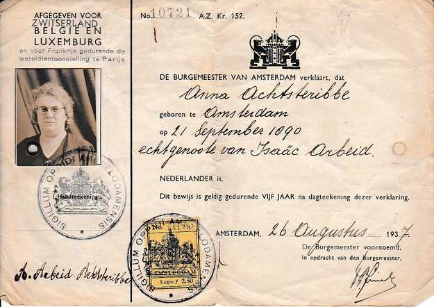 Nationaliteitsbewijs Anna Arbeid Achtsteribbe