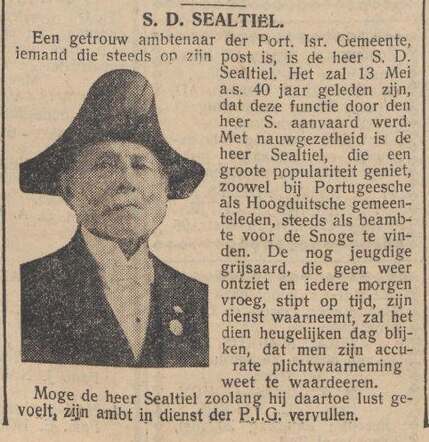 Nieuw Israëlietisch  Weekblad, 12 mei 1933, pag. 5. 40-jarig jubileum Samuel Sealtiel.