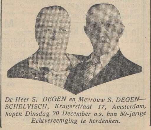 Nieuw Israëlietisch  Weekblad  16 december 1932, pag. 5. Echtpaar S. Degen-Schelvis 50 jaar getrouwd.