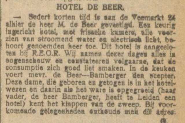 Nieuw Israëlietisch Weekblad 16 november 1923, pag. 11. Over kosjer hotel van familie Morits Leon de Beer te Rotterdam.