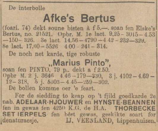 Nieuwsblad voor Friesland Hepkema's courant, avond, 5 maart 1937, pag. 6. Dekstier Marius Pinto.