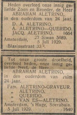 Twee overlijdensadvertenties A Aletrino.