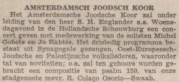 Het Amsterdamsche Joodsche Koor in de Hollandsche Schouwburg.