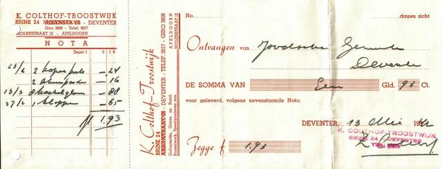 nota Colthof-Troostwijk 13-5-1942 aan joodse gemeente Deventer