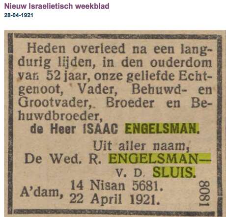 Overlijden Isaac Engelsman 1921